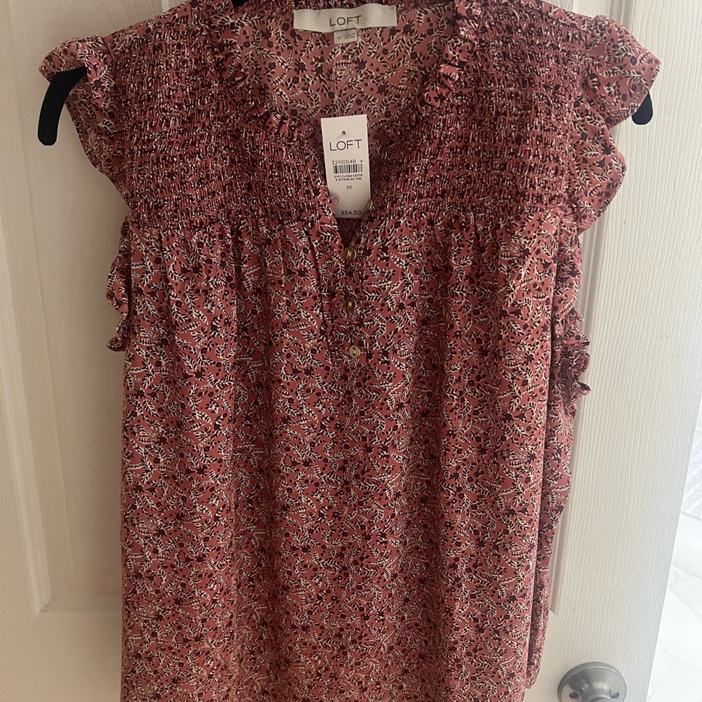 LOFT Pink Cap Sleeve Smocked Blouse